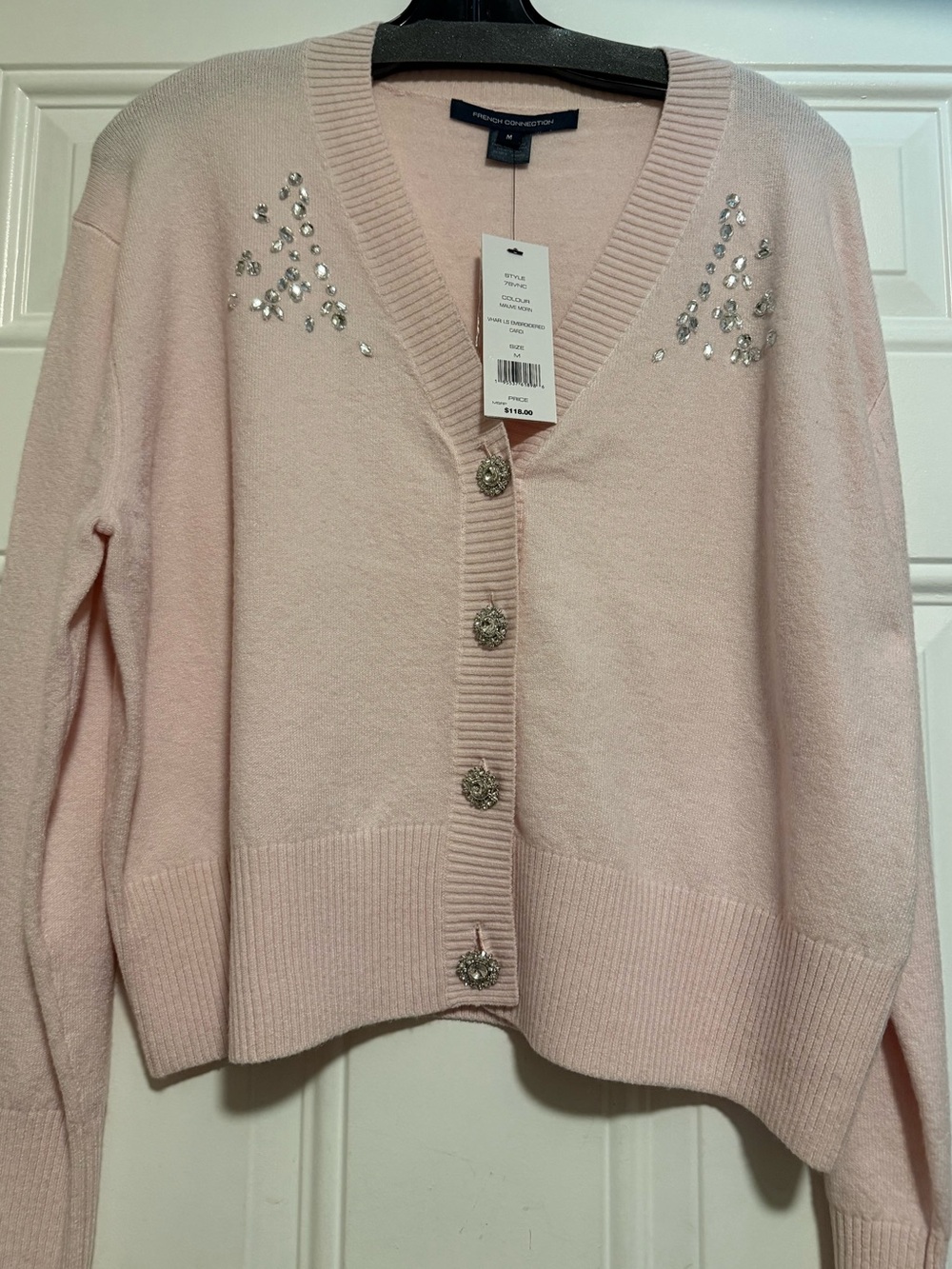 French Connection Pale Pink Crystal-Embellished V-Neck Cardigan
